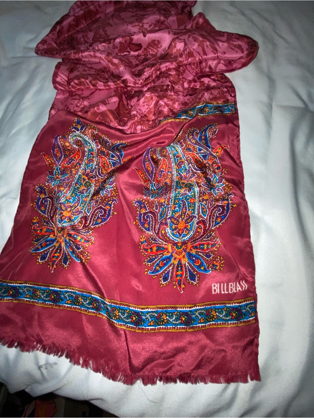bill blass Burgundy Paisley Silk Scarf with Multicolor Embroidery